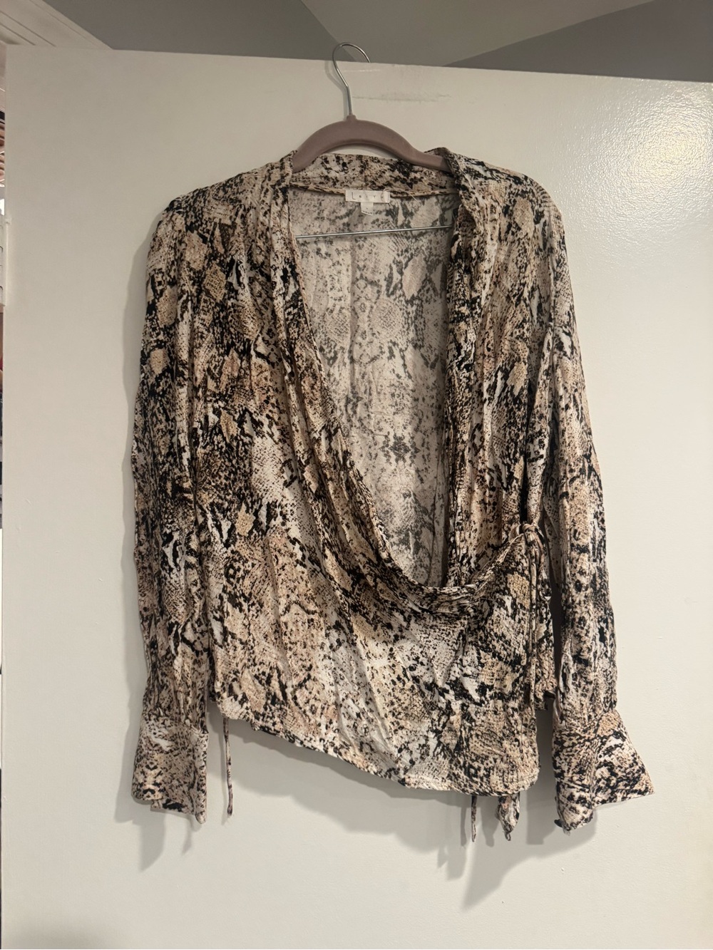 Leith Beige Black Snake Print Wrap Blouse Top Small S Long Sleeve